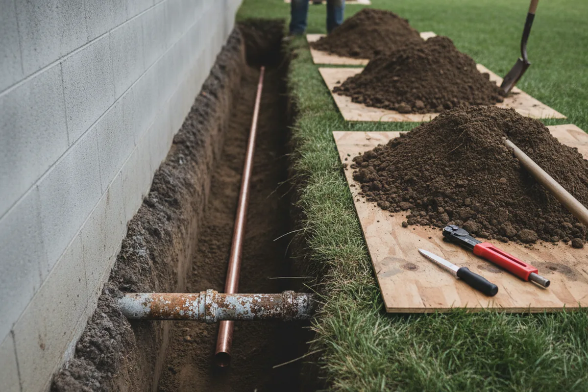 Excavated water line trench during Water Heater Repair in La Blanca